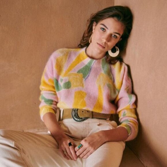 EUC Sezane Bahia Floral Wool Mohair Oversized Sweater Pink Yellow XXS-XS fit - Picture 1 of 7